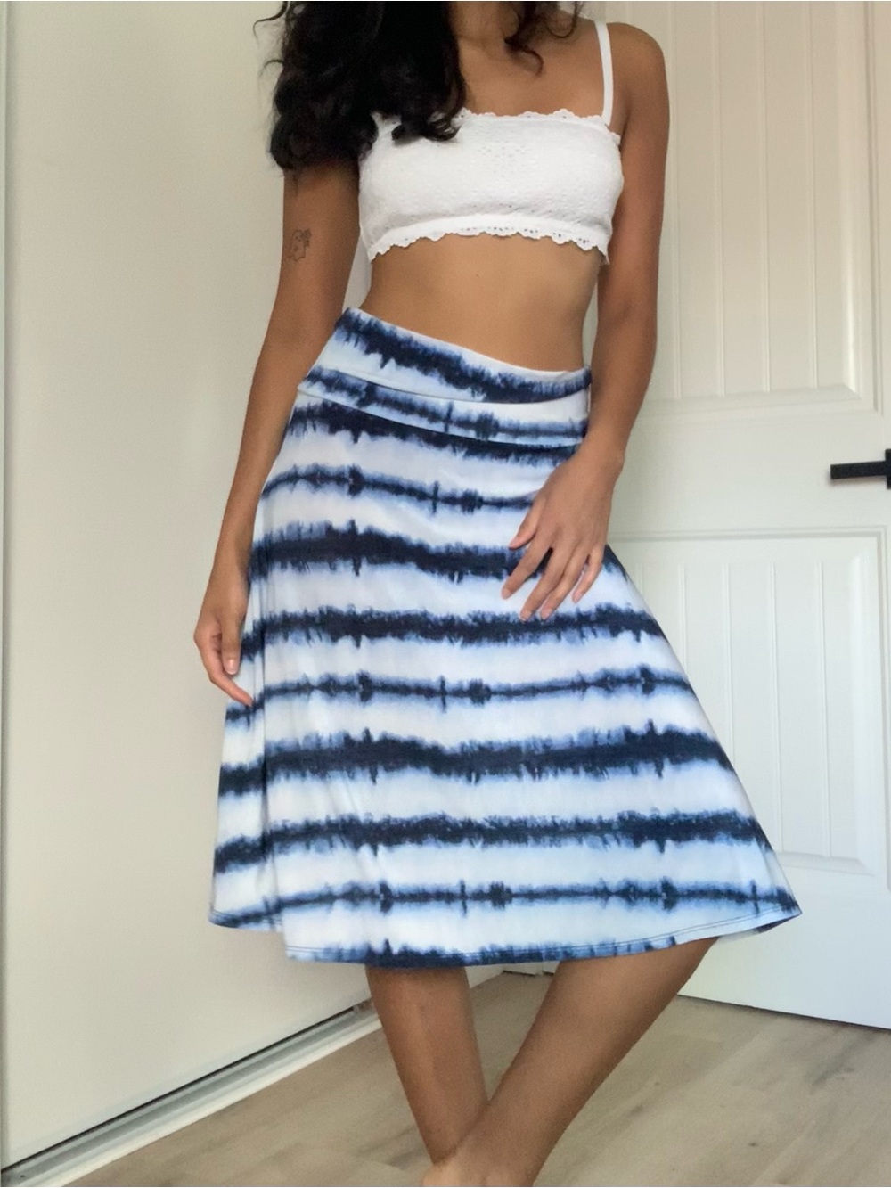 Blue Tie-Dye A-Line Midi Skirt
